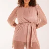 Metallic Plisse Belted Dress