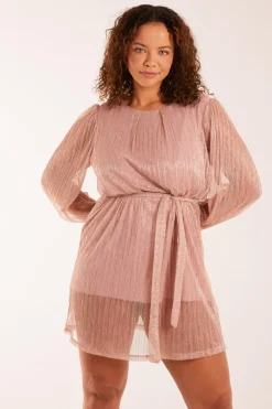 Metallic Plisse Belted Dress