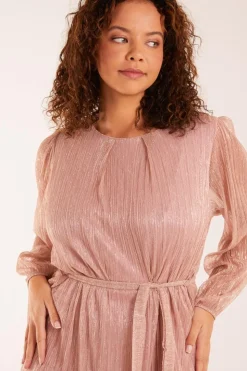 Metallic Plisse Belted Dress