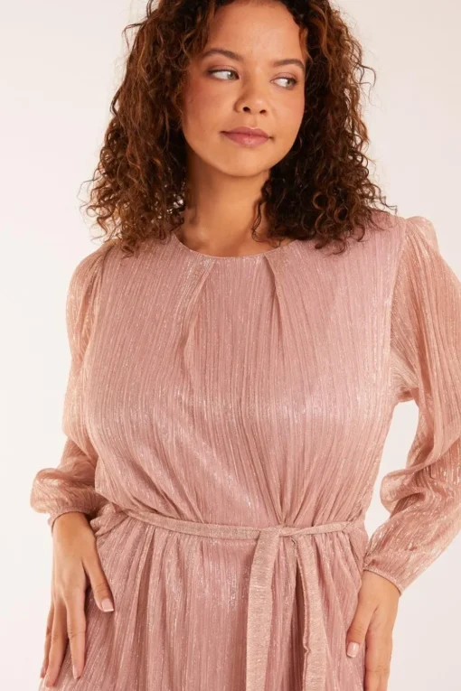 Metallic Plisse Belted Dress
