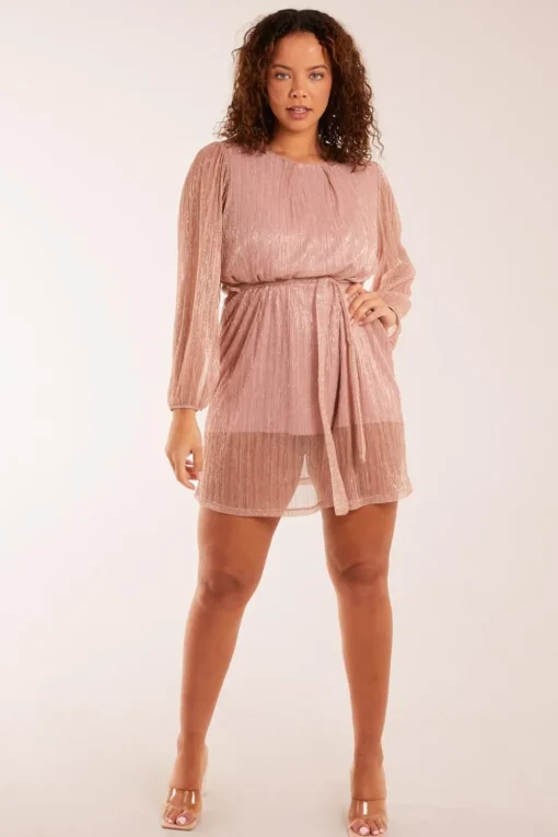 Metallic Plisse Belted Dress
