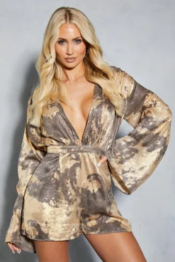 Metallic Print Plunge Flute Sleeve Playsuit