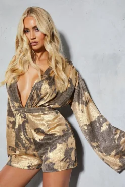 Metallic Print Plunge Flute Sleeve Playsuit