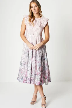 Metallic Puff Shoulder Midi Dress