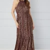Metallic Ruffle Halterneck Midaxi Dress