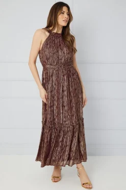 Metallic Ruffle Halterneck Midaxi Dress