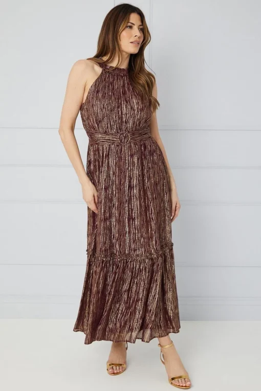 Metallic Ruffle Halterneck Midaxi Dress