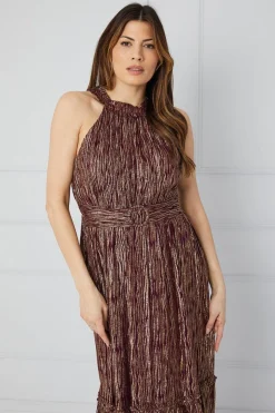 Metallic Ruffle Halterneck Midaxi Dress