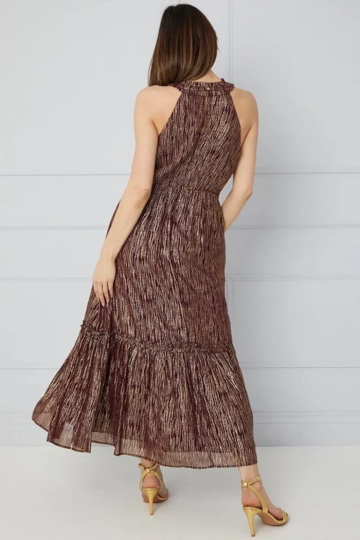 Metallic Ruffle Halterneck Midaxi Dress
