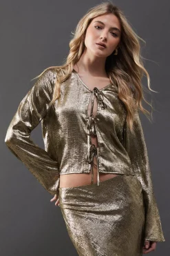 Metallic Satin Tie Front Top