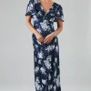 Midnight Bloom Printed Satin Twist Front Angel Sleeve Maxi Bridesmaids Dress