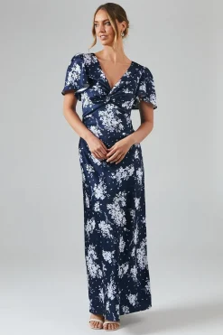 Midnight Bloom Printed Satin Twist Front Angel Sleeve Maxi Bridesmaids Dress