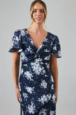 Midnight Bloom Printed Satin Twist Front Angel Sleeve Maxi Bridesmaids Dress