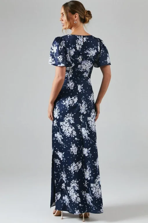 Midnight Bloom Printed Satin Twist Front Angel Sleeve Maxi Bridesmaids Dress