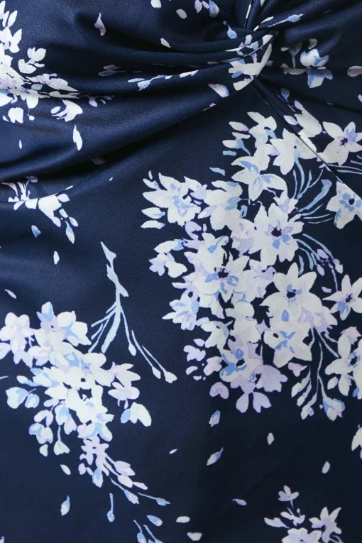 Midnight Bloom Printed Satin Twist Front Angel Sleeve Maxi Bridesmaids Dress