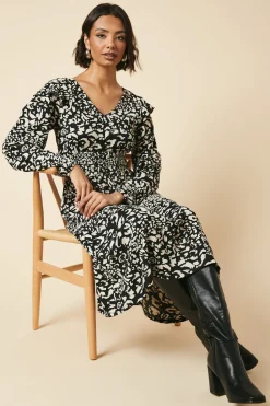 Mono Animal Frill shoulder shirred waist long sleeve midi dress