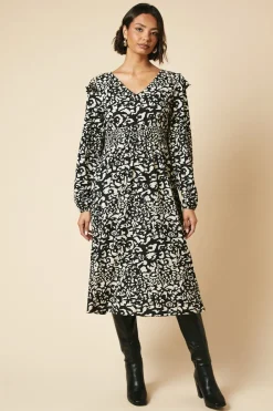 Mono Animal Frill shoulder shirred waist long sleeve midi dress