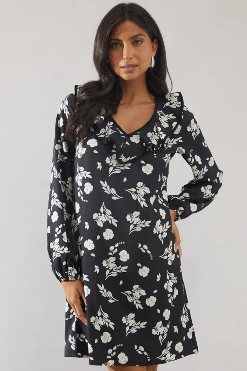 Mono Floral Contrast Frill Shift Dress