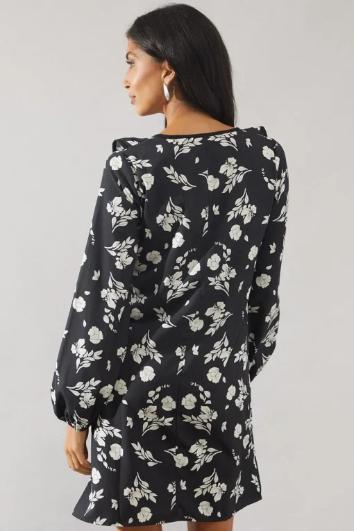 Mono Floral Contrast Frill Shift Dress