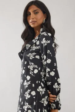 Mono Floral Contrast Frill Shift Dress