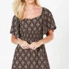 Mono Print Shirred Waist Mini Dress