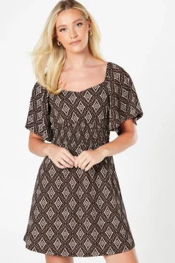 Mono Print Shirred Waist Mini Dress