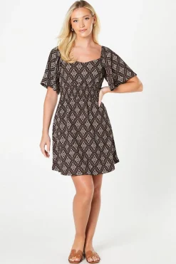 Mono Print Shirred Waist Mini Dress