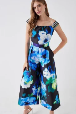 Multi Strap Mesh Insert Printed Twill Jumpsuit
