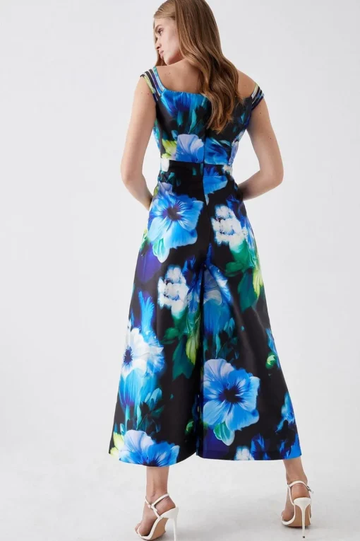 Multi Strap Mesh Insert Printed Twill Jumpsuit