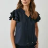 Navy Bubble Hem Flute Sleeve Top