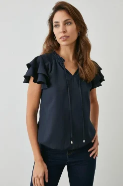 Navy Bubble Hem Flute Sleeve Top