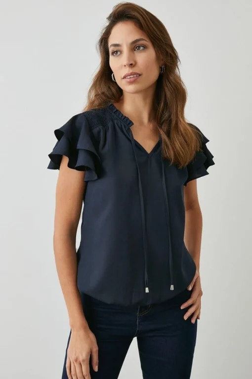 Navy Bubble Hem Flute Sleeve Top