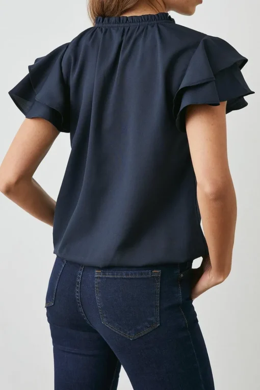 Navy Bubble Hem Flute Sleeve Top