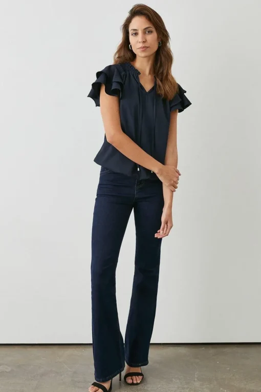 Navy Bubble Hem Flute Sleeve Top