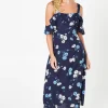 Navy Floral Ruffle Strappy Bardot Midi Dress
