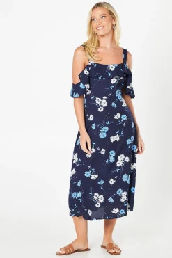 Navy Floral Ruffle Strappy Bardot Midi Dress