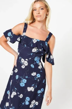 Navy Floral Ruffle Strappy Bardot Midi Dress