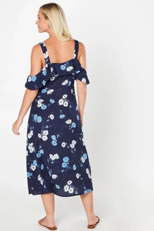 Navy Floral Ruffle Strappy Bardot Midi Dress