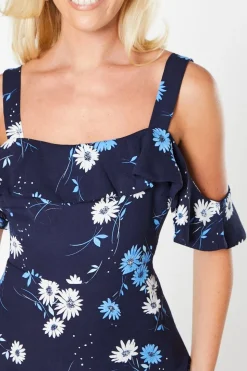 Navy Floral Ruffle Strappy Bardot Midi Dress