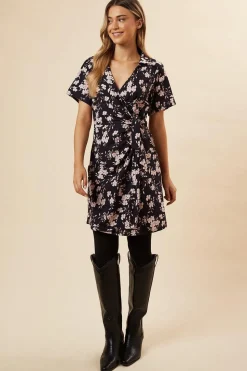 Navy Floral Wrap Mini  Dress
