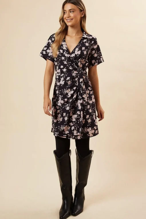 Navy Floral Wrap Mini  Dress