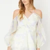 Occasion Blue Floral Organza Cold Shoulder Mini Dress