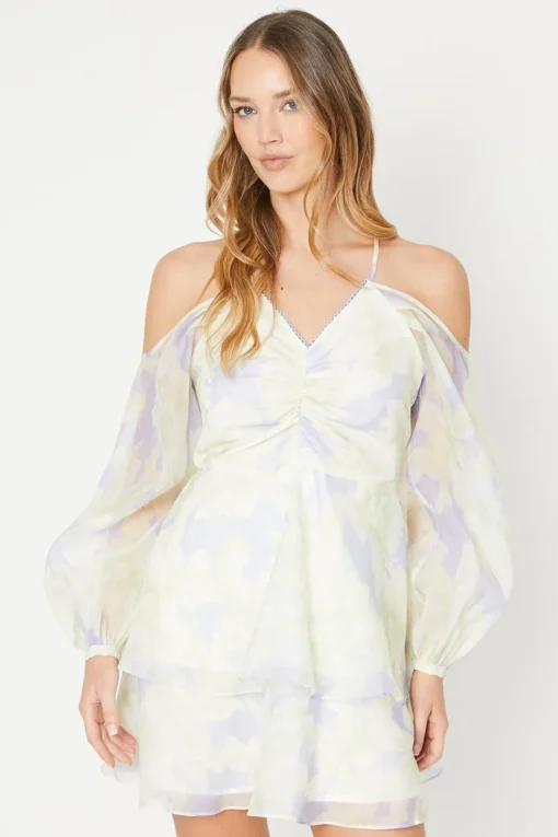 Occasion Blue Floral Organza Cold Shoulder Mini Dress