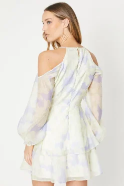 Occasion Blue Floral Organza Cold Shoulder Mini Dress
