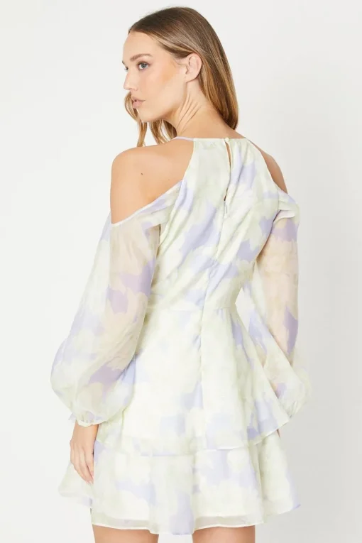 Occasion Blue Floral Organza Cold Shoulder Mini Dress