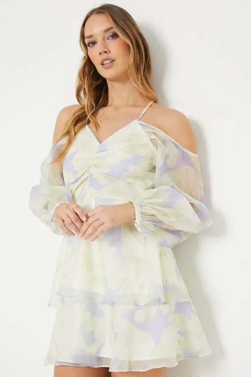 Occasion Blue Floral Organza Cold Shoulder Mini Dress