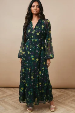 Occasion Floral Metallic Spot Tiered Midaxi Dress