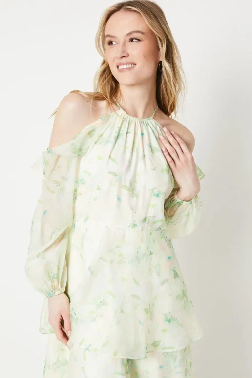 Occasion Floral Organza Cold Shoulder Midi Dress