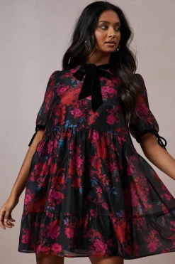 Occasion Floral Organza Velvet Trim Smock Dress