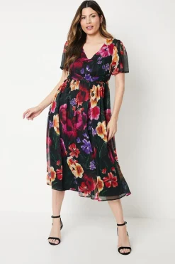 Occasion Floral Pleated Waist Midi Dress